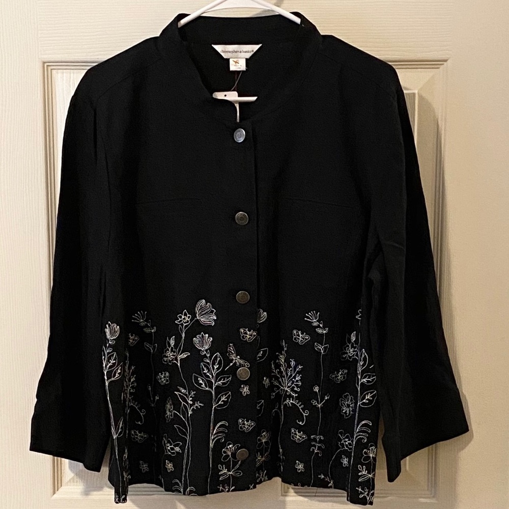 Black Floral Embroidered Button Down Jacket NWT